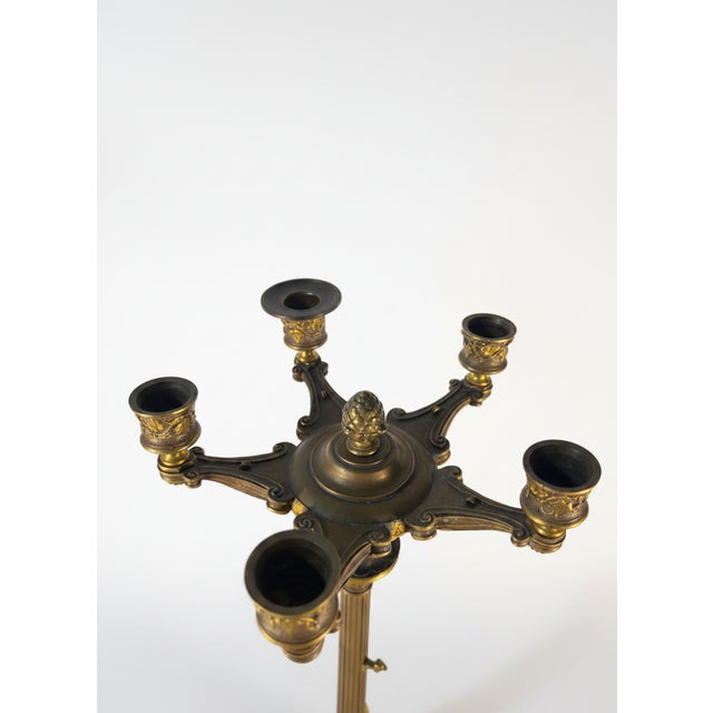 French Pair of French Neo-Grec Gilt and Patinated Bronze Five-Light Candelabra, Cast by the Auguste-Maximilien Delafontaine Foundry, Paris, Circa 1870–1885. For Sale - Image 3 of 8
