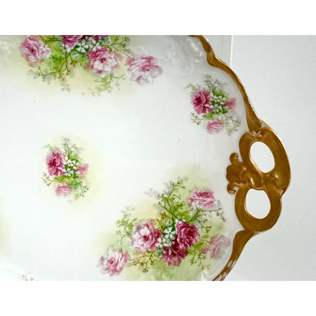Art Nouveau Antique 1900s Jean Pouyat Limoges Hand-Painted Handled Cake Plate - Pink Roses For Sale - Image 3 of 11