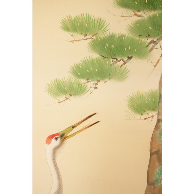 Taisho to Showa Era Japanese Silk Scroll Painting "Two Cranes and a Pine Tree" For Sale - Image 10 of 18
