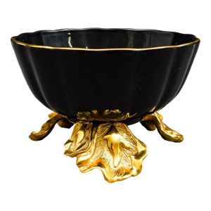 Mid 20th Century Jay Strongwater Brittany Black Porcelain 18k Gold Embellished Fluted Bowl