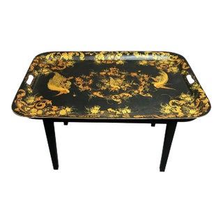 1970s Gold & Black Tole Tray Coffee Table with Bird Decoration For Sale