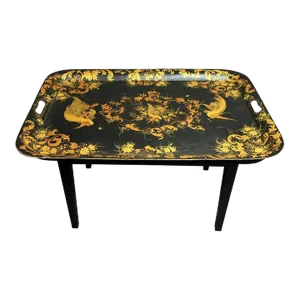 1970s Gold & Black Tole Tray Coffee Table with Bird Decoration