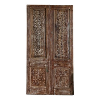 Antique Indian Carved Double Sliding Barn Doors With Brass Studs 80x42 For Sale