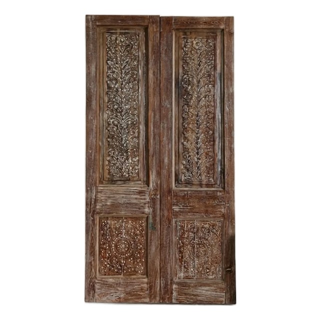 Antique Indian Carved Double Sliding Barn Doors With Brass Studs 80x42 For Sale