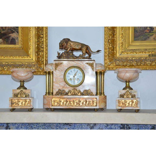 Fine Egyptian Revival Marble Doré Bronze Clock and Garnitures After Bayre - Set of 3 For Sale - Image 9 of 10