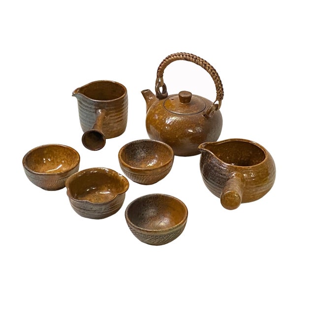 2010s Set 7 Pieces Ceramic Copper Color Glaze Teapot Teacups Deco Display For Sale - Image 5 of 6