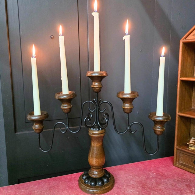 Vintage Wrought Iron Wood Candelabra 5 Arm Gothic Castlecore Mantel ...