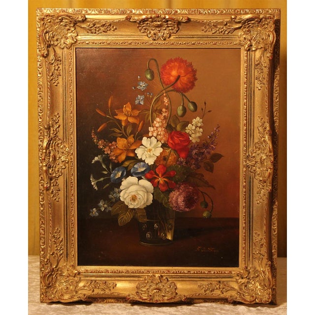This original oil painting by oskar f. Knapp (born 1914) presents an elaborate floral still life executed in the manner of...