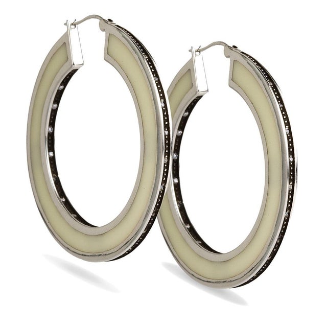 Miriam Salat Iconic timeless Resin Ivory Hoops Set In Sterling Silver & Topaz For Sale In New York - Image 6 of 18