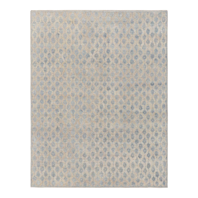 Rug & Kilim’s Modern Block Print Rug in White with Blue Floral Patterns - 9x12 For Sale