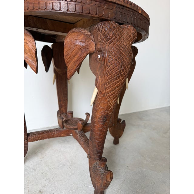 Vintage Anglo Indian Hand-Carved Elephant Side Table With Bone Inlay Animal Motif For Sale In Miami - Image 6 of 15