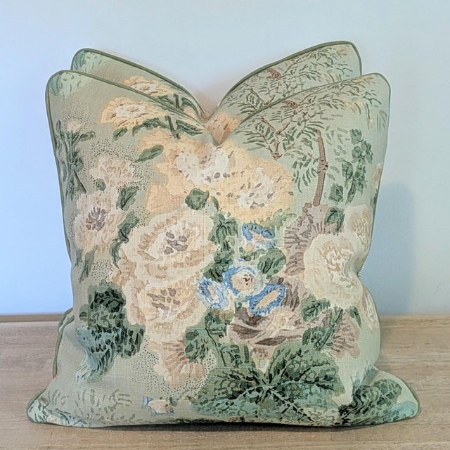 Traditional Lee Jofa Hollyhock Pillows in Celadon With Scalamandre Lark Stripe Backs For Sale - Image 3 of 10