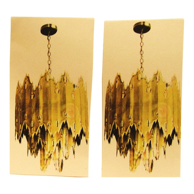 1970s Mid Century Modern Tom Greene Torch Cut Brass Brutalist Chandeliers - a Pair For Sale