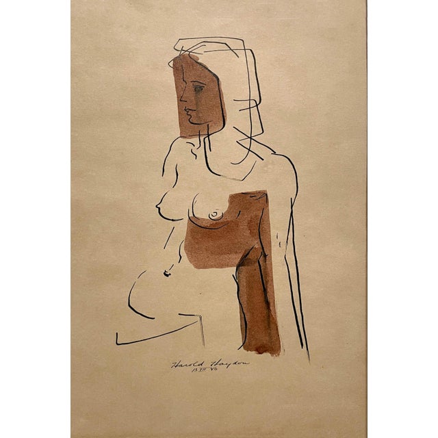 1940s 1946 Sepia Toned Ink & Watercolor on Paper (Seated Nude) Figure Study by Harold Haydon For Sale - Image 5 of 5