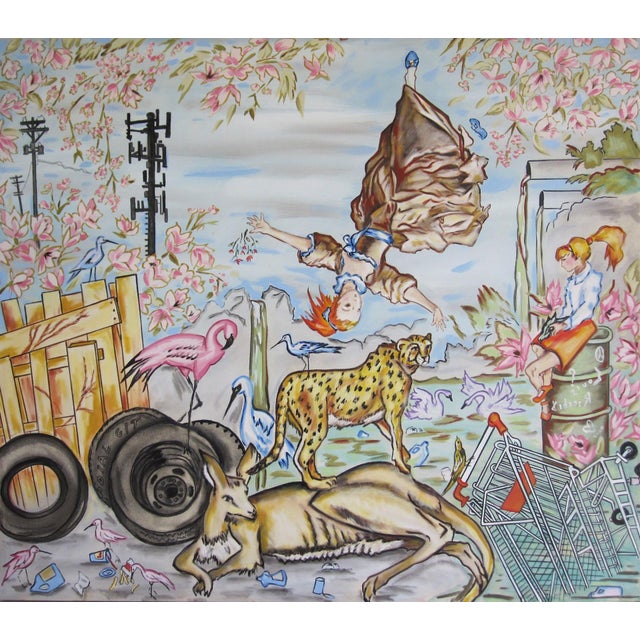 Bystander by Louis Recchia | Oil on canvas depicting a chaotic urban scene with animals and people For Sale
