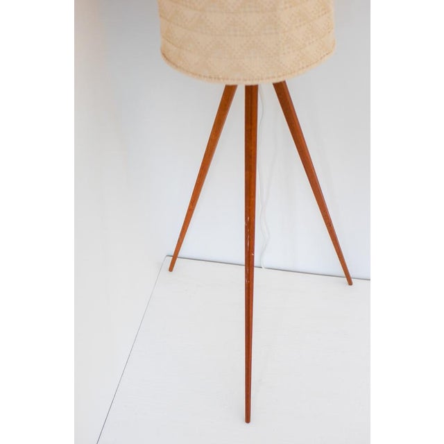 Large Scandinavian Teak Tripod Floor Lamp with Drawn Thread Embroidery Shade For Sale - Image 16 of 17