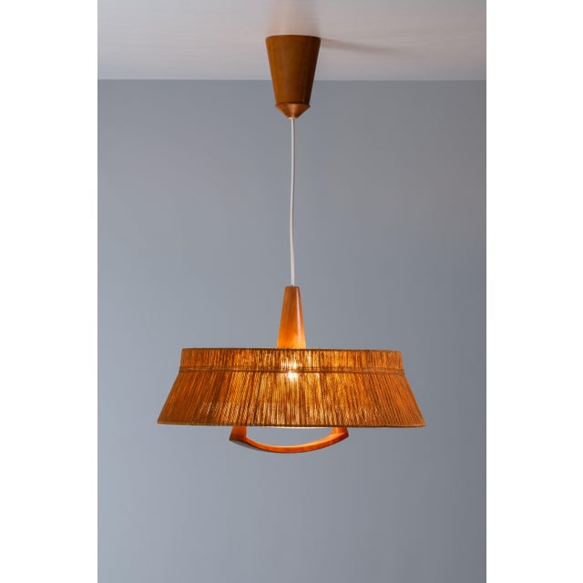 Large Teak and Sisal Pendant Lamp attributed to Temde Leuchten, 1960s For Sale - Image 4 of 13