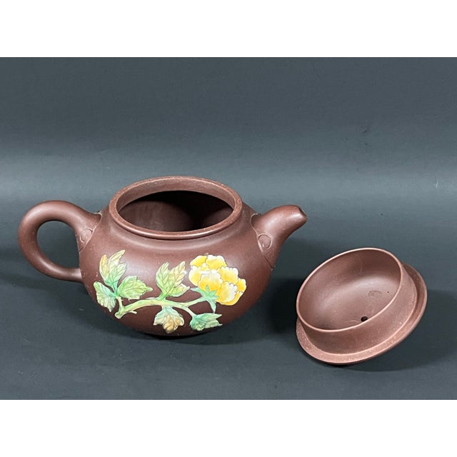 Late 20th Century Chinese Art Yixing Clay Teapot With Enamel Flower Design For Sale - Image 9 of 10