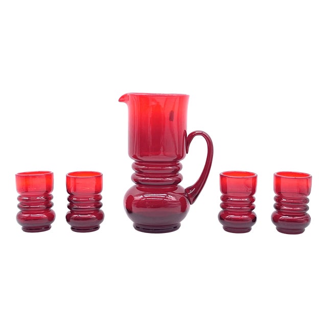 Red Glass Juice Service from Sudety Glassworks, 1970s For Sale