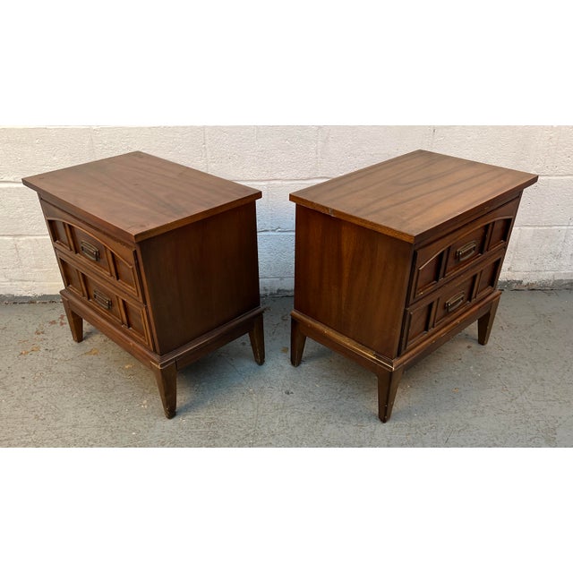 Wood Pair of Vintage Dixie Furniture Walnut MCM Tuscan Style Nightstands For Sale - Image 7 of 17