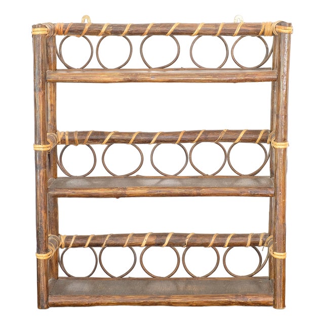 Mid 20th Century Audoux Minet Style Shelf, Rattan Wood Wall Shelf For Sale