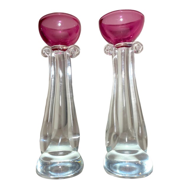 1960s Tall Pair Murano Hand Blown Alfredo Barbini Glass Candlesticks Candle Holders For Sale