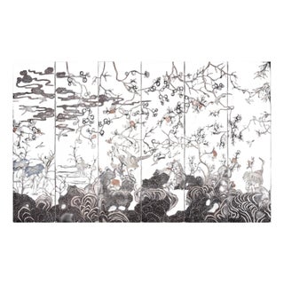 Chinoiserie Black Hand-Painted Wallpaper, Floral & Bird Mural Wall Panels, Set of 6 For Sale