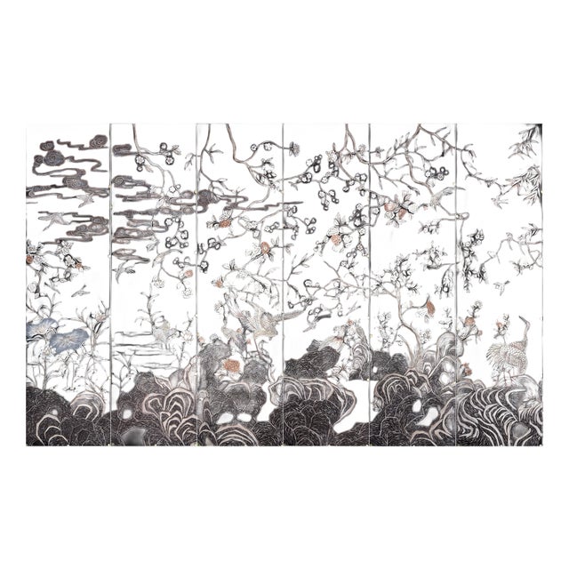 Chinoiserie Black Hand-Painted Wallpaper, Floral & Bird Mural Wall Panels, Set of 6 For Sale