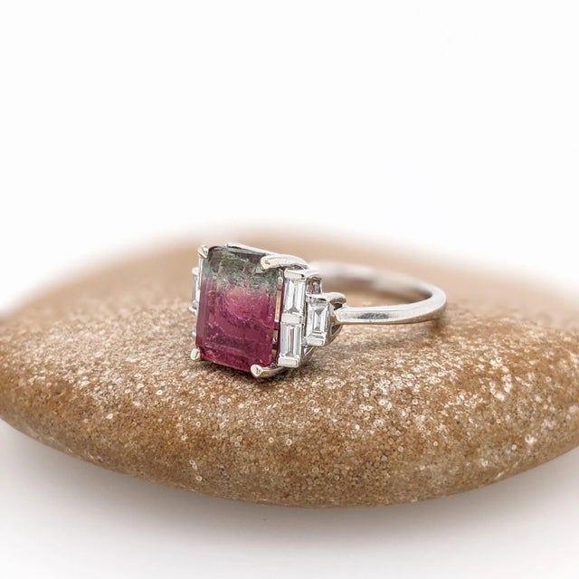 Modern 3ct Watermelon Tourmaline Ring with Natural Diamonds in Solid 14k Gold EM 10x8mm For Sale - Image 3 of 8