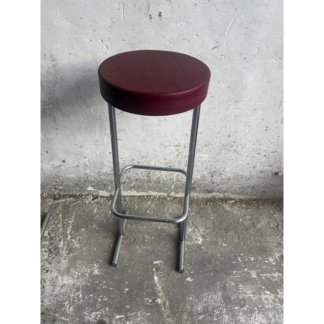 Vintage Industrial Bar Stools with Burgundy Seats, 1980s, Set of 4 For Sale - Image 4 of 8