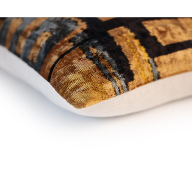 Onyx Bronze and Blue Geometric Silk Velvet Pillow 16x24 Handmade Luxury Cushion For Sale - Image 8 of 8