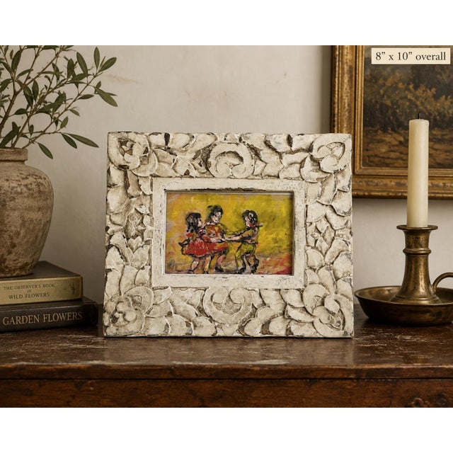 Figurative Vintage “Round the Rosy” Miniature Oil Painting, Carved Floral Frame, C. 1960s For Sale - Image 3 of 5