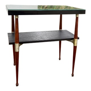 Mid Century Modern Slate + Wood Side Table | Glass Top Cover + Brass Hardware For Sale