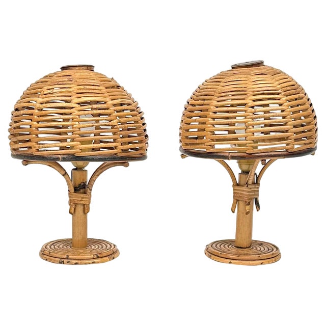 Mid-Century Bamboo & Rattan Table Lamps in the style of Louis Sognot, Italy, 1960s, Set of 2 For Sale