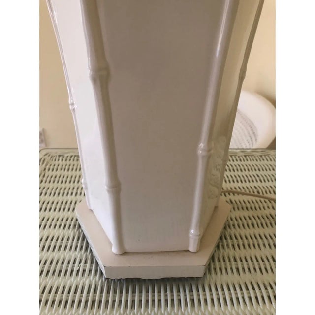 1970s Pair of Vintage Large Ceramic Lamps With Shades, Faux Bamboo Pattern on Six Edges For Sale - Image 5 of 8