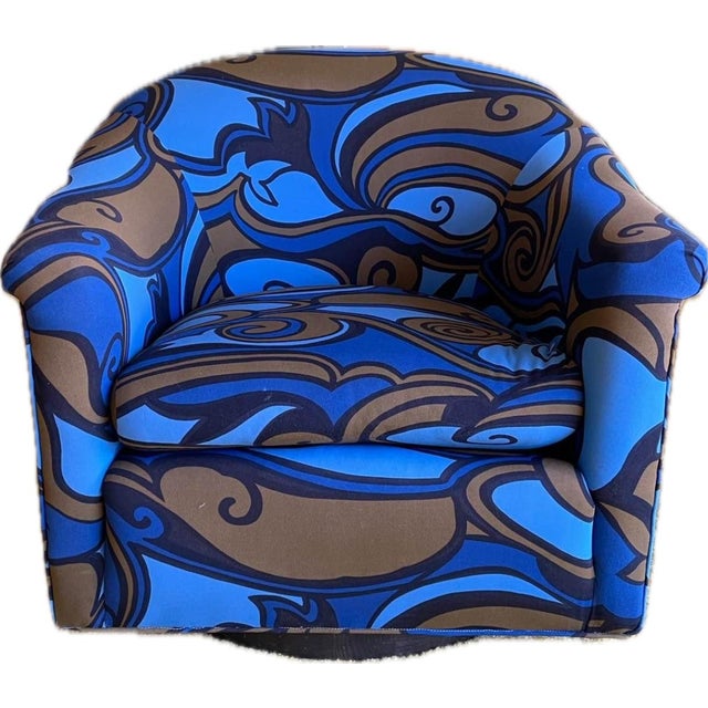 Jack Lenor Larsen 1960s Pair Milo Baughman Swivel Chairs Jack Lenor Larsen Fabric For Sale - Image 4 of 7
