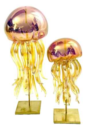Custom Handblown 24kt Gold Fume on Borosilicate Glass Jellyfish on Brass Stands - Set of 2