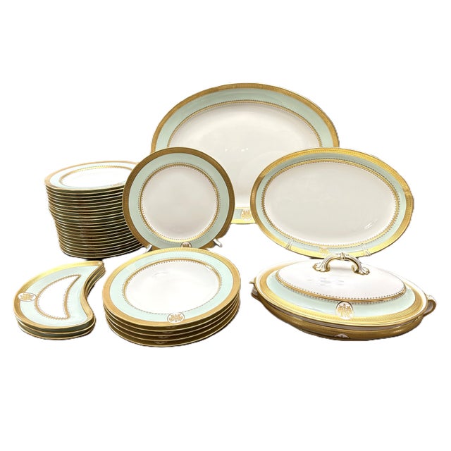 Minton Antique Minton Porcelain Dinner Service | Mint Green Gold Gilt Monogram 1884 - 34 pcs For Sale - Image 4 of 16