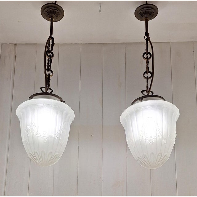 Antique Ceiling Lamps on Patinated Brass Mounts and Frosted, Teardrop-Shaped Glass Shades, 1900s, Set of 2 For Sale - Image 5 of 9