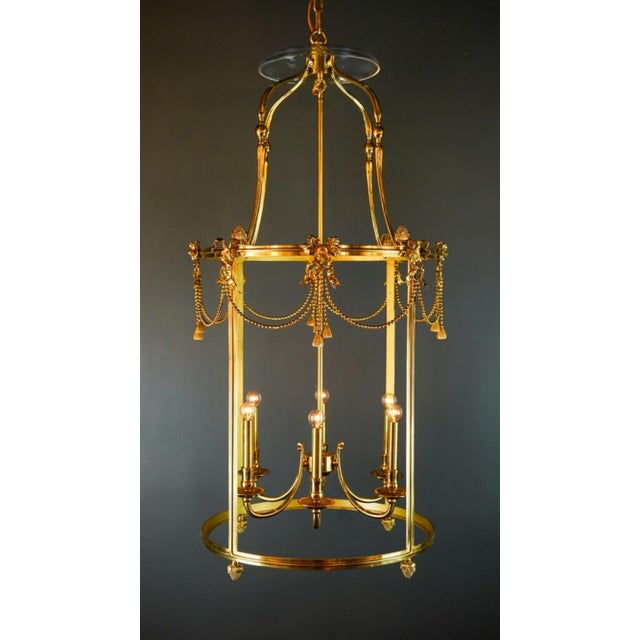 Custom Made Brass Lantern Chandelier Circular Glass Pendant Light 6 Light For Sale - Image 6 of 17