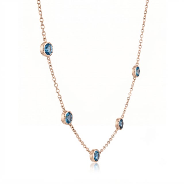 Contemporary Blue Topaz Station Necklace | Round Bezel Gemstone Necklace | Minimalist Floating Stacking Necklace For Sale - Image 3 of 3
