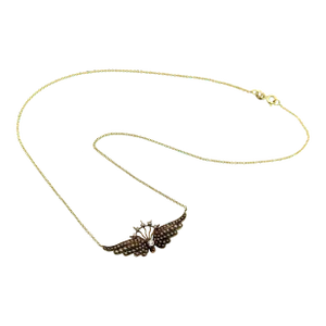 14K Gold Victorian Angel Wing Necklace with Diamond and Seed Pearls