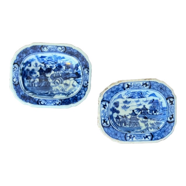 Antique Early 19th Century Chinese Export Porcelain Blue & White Trencher Salts With Canton Landscape Scenes - a Pair For Sale