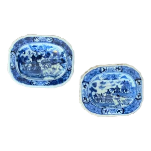 Antique Early 19th Century Chinese Export Porcelain Blue & White Trencher Salts With Canton Landscape Scenes - a Pair