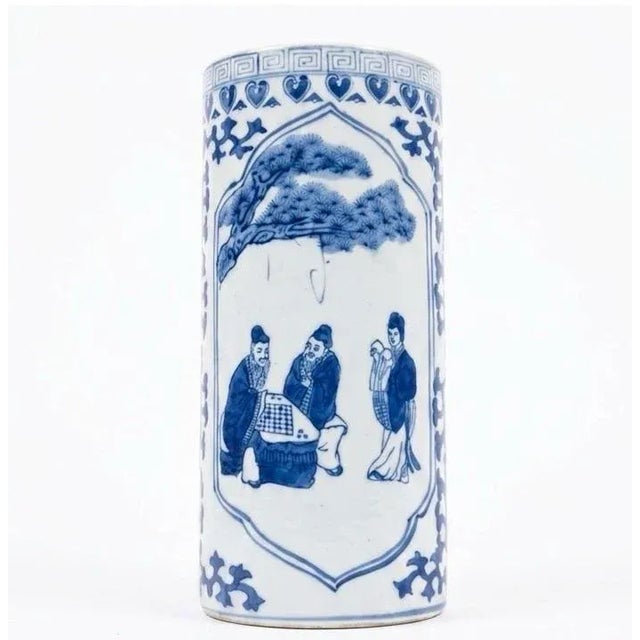 Chinoiserie Vintage Blue & White Porcelain Crane & Scholar Cylinder Vase For Sale - Image 3 of 6