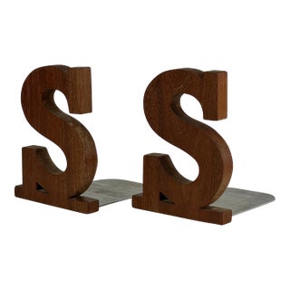 Vintage Pair of Teak Mid-Century Modern Bookends in S Letter Design For Sale