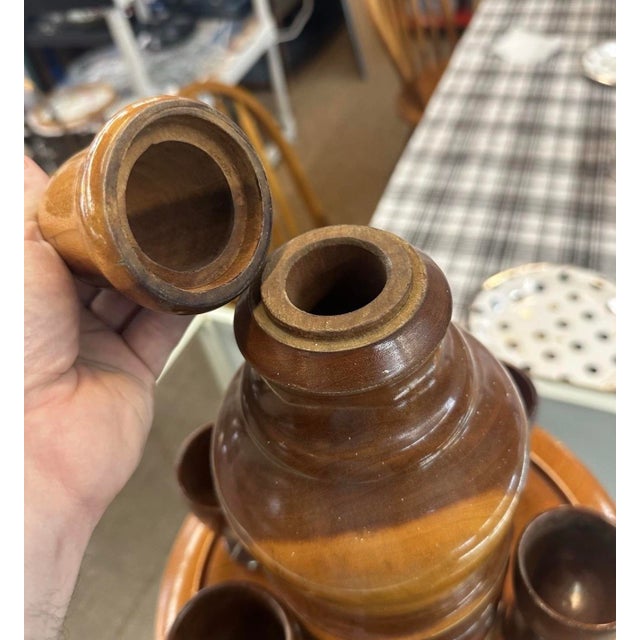 1950s 1950s Wooden Cordial/Sake Set With 6 Cups, Tray, and Decanter For Sale - Image 5 of 10