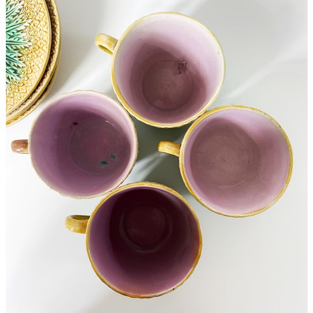Set of 4 Antique 19th C Majolica Pineapple Pattern Tea Cups and Saucers C1880s. For Sale In Houston - Image 6 of 9