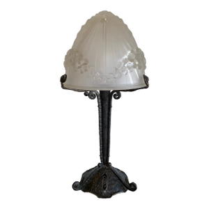 1920s Schneider Glass French Art Deco Lamp With Wrought Iron Base