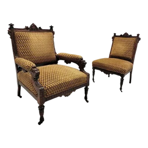 Antique Renaissance Revival Figural Carved Parlor Chairs Reupholstered in Chenille - Set of 2